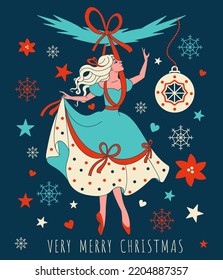 Vintage Very Merry Christmas noel poster. Retro Christmas tree decoration. Princess, fairy ballerina toy hanging on fir tree branch. Xmas greeting card. Rero Holiday postcard concept.