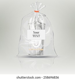 Vintage Vial of cream. Hand drawing design elements. Bottle for Cosmetics or Perfume. Flask. Transparent bag for new design cream package