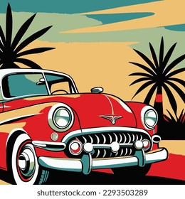 Vibes de época para el verano - Ilustración de coches retro y palmeras, perfecta para diseños de camisetas y más