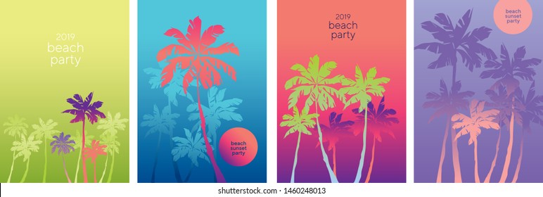 Vintage vibes tropical palm silhouette poster set. Abstract vivid pink summer background set for poster, card, post, header, cover, web and print. 