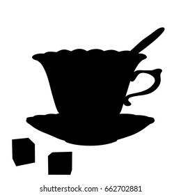 Vintage victorian english tea cup with a spoon and two sugar cubes, black vector silhouette