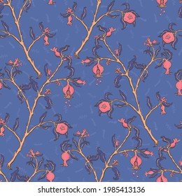 Vintage victorian era stile seamless pattern with hand drawn pomegranate tree branches. Ornament with fruits and leafs on violet background.
