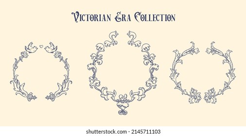 Vintage Victorian era stile wreaths inspired by Arts and Crafts movement. Ornaments with floral organic elements, birds and hearts for wedding invitations, greeting cards, packaging design ets.