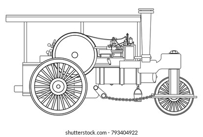 A vintage victorian ere steam roller over a white bakground