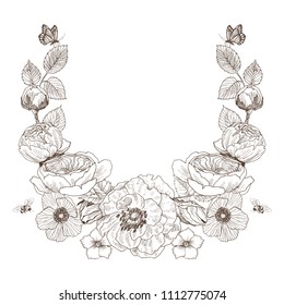 Vintage Victorian frame border monogram floral ornament. Engraved retro flower and butterfly decorative design. Beautiful botanical decorative element for wedding invitation, logo. Vector design