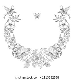 Vintage Victorian frame border monogram floral ornament. Engraved retro flower and butterfly decorative design. Beautiful botanical decorative element for wedding invitation, logo. Vector design