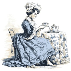 Vintage Victorian Lady Having A Tea Time In Toile Style Illustration