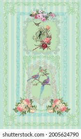 Vintage Victorian Pastel Floral Wall. Baroque Wall. Rococo Painting. Bird Illustration. Frame. European Rococo Shabby Chick Background