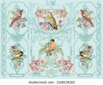 Vintage Victorian Pastel Floral Wall. Baroque Wall. Rococo Painting. Bird Illustration. Frame. European Rococo Background