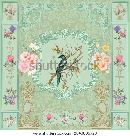 Vintage Victorian pastel floral wall. Baroque wall. Rococo painting. Bird illustration. frame. European wall art ストックフォト © 