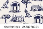 Vintage Victorian Seamless Pattern. Repeating ornament in Toile de jouy style with retro statue, manor house and gazebo with columns. Design for wallpaper. Hand drawn vector illustration