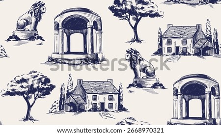 Vintage Victorian Seamless Pattern. Repeating ornament in Toile de jouy style with retro statue, manor house and gazebo with columns. Design for wallpaper. Hand drawn vector illustration
