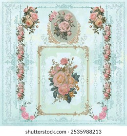 Antiguas Victorian shabby chic pastel Fondo de pantalla decorativo azul. Diseño floral retro. Ilustración mural barroca.