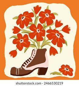 Vintage Victorian Style Shoe with Flowers Bouquet, Vector Illustration for Anniversary, Invitation, Poster, Greetings Card, Cover, Logo
