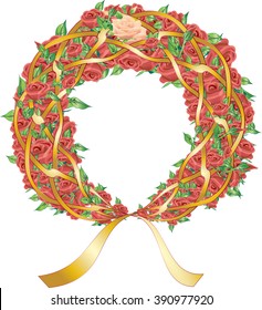 Vintage victorian style wreath or crown of roses with golden strings. Vintage color frame vector, with copy space for text.