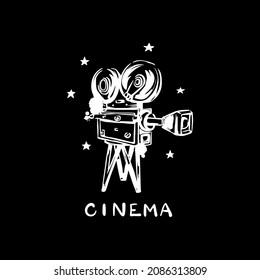 Cámara de video antigua. Afiche en blanco y negro con la inscripción Cine. Ilustración dibujada a mano por vectores.
