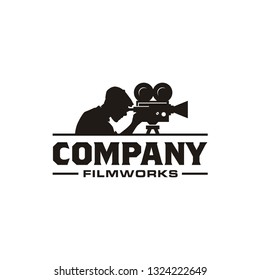 Vintage Video Camera Film, Casual Cameraman Silhouette for movie cinema studio production Logo design