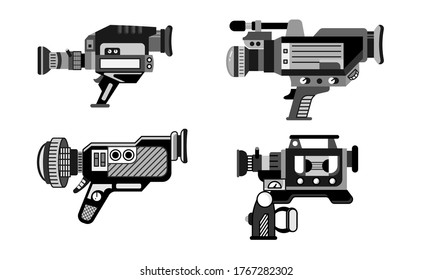 vintage video camera with handheled and video recorder (VHS-C). flat design cartoon concept. Vector, illustration