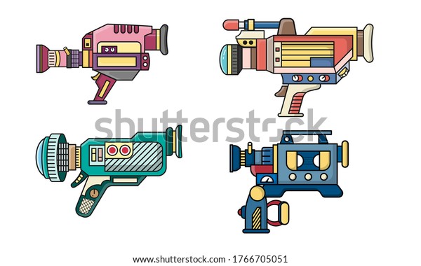 vintage video\
camera with handheled and video recorder (VHS-C). flat design\
cartoon concept. Vector,\
illustration