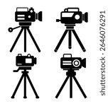 Vintage Video Camera Icon Set Black Silhouette Tripod Film Equipment Vector Collection