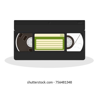 Vintage video cassette isolated on a white background. Retro style movie storage icon. Old record video recorder tape. Vector illustration.