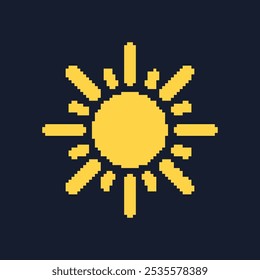 Vintage Video Game Currency Symbol. Sun Pixel Art Icon. Retro Game Yellow Sun Isolated on Dark Background. Isolated Vector Illustration.