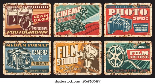 Vintage video and photo cameras rusty plates. Photography service and equipment shop, film studio vector tin signs with old medium format photo and retro cinema camera, movie projector, film reel