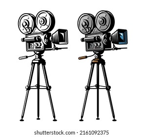 Vintage video projector. Retro movie camera on tripod isolated on white background. Vector illustration