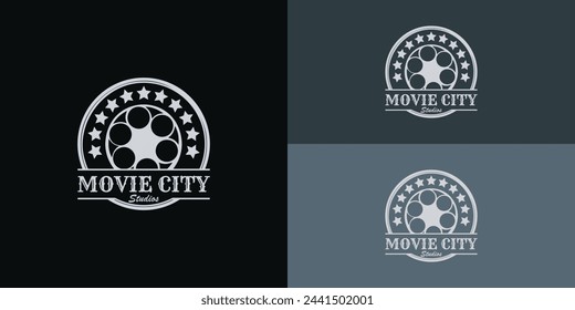Vintage Video Roll Camera and multiple stars with retro stamp logo in silver white color isolated on multiple background colors. The logo is suitable for movie or cinema production logo icon design