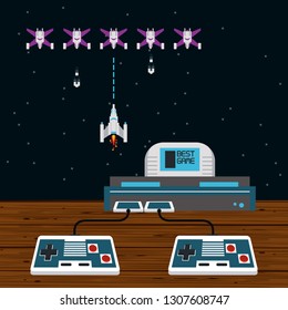 vintage videogame console with aliens spaceship