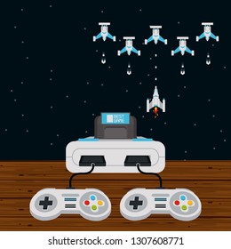 vintage videogame console with aliens spaceship
