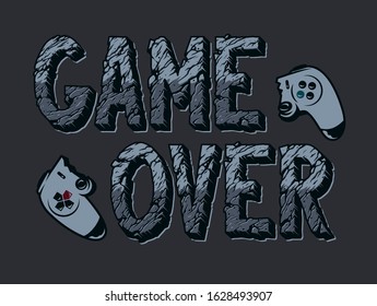 Vintage videogame typographic concept with broken gamepad and Game Over inscription with cracked sand texture isolated vector illustration