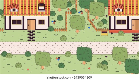 Vintage videogame village cartoon flat illustration. Medieval countryside. Rural houses and road 2D line landscape colorful background. Adventure game development scene vector storytelling image