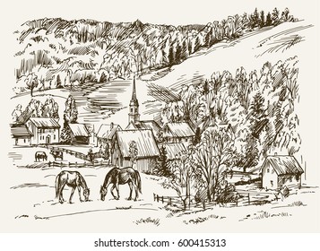 Vintage view of New England farm with horses and cows, hand drawn vector illustration.