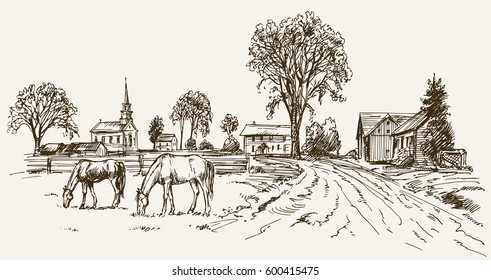 Vintage view of New England farm with horses, hand drawn vector illustration.