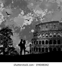 Vintage view of Rome on the grunge poster with grey splash and couple in love, vector illustration