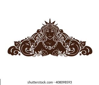 Vintage vignette of mermaid with sea waves, shells and fishes - vector victorian element for decoration and scrapbooking