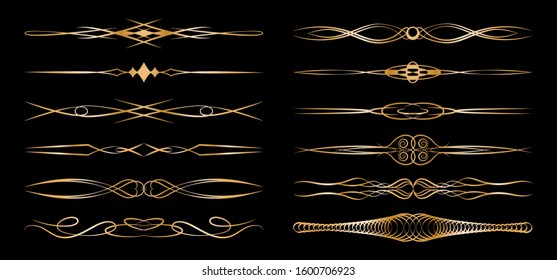 Vintage vignettes calligraphic design elements, page decoration ornaments vector set. Decorative monograms, dividers and calligraphic vignette borders. Gold design elements for wedding invitations.