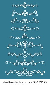 Vintage vignettes, design template page, the set calligraphic decorative design elements in retro style, vector scroll decoration on blue / green background