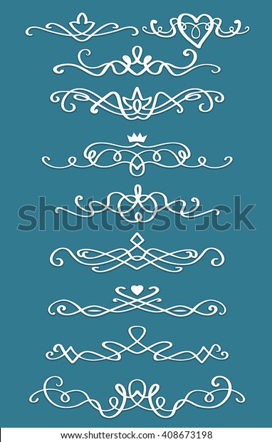 Vintage vignettes, design template page,\
the set calligraphic decorative design elements in retro style,\
vector scroll decoration on blue / green\
background
