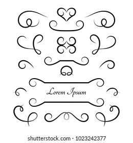 Vintage vignettes and flourishes, set of calligraphic decorative design elements in retro style, vector swirly embellishment on white