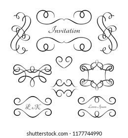 Vintage vignettes and flourishes, set of calligraphic decorative design elements in retro style, vector swirly embellishment on white