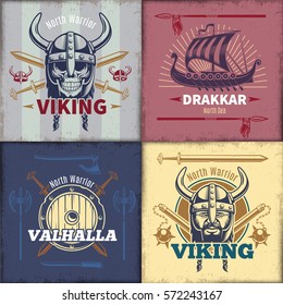Vintage viking emblems set with head in horned helmet ship and crossed weapon isolated vector illustration