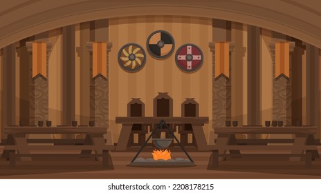 Vintage-Viking-Saal mit Herz und Tischen, Vektorgrafik