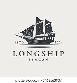 vintage viking longship warship logo traditional ocean sailboat silhouette design