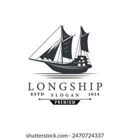 vintage viking longship warship logo traditional ocean sailboat silhouette design