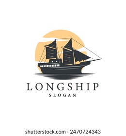 vintage viking longship warship logo traditional ocean sailboat silhouette design