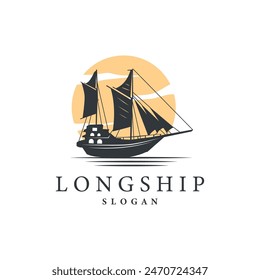 vintage viking longship warship logo traditional ocean sailboat silhouette design