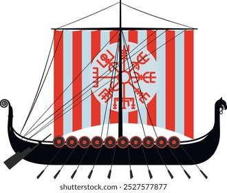 Vintage viking sailing ship drakkar with rows of oars and sail side view isolated on white background