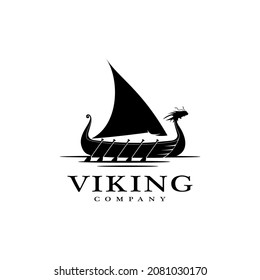 Vintage Viking Ship Boat Silhouette With Dragon Head Logo design